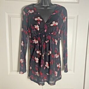 Vintage New York CO Floral Babydoll Shirt Women M Black Y2K Long Sleeve Mesh Top
